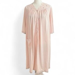 Vintage Shadowline Pink Button Front Nightgown Lace Trim S
